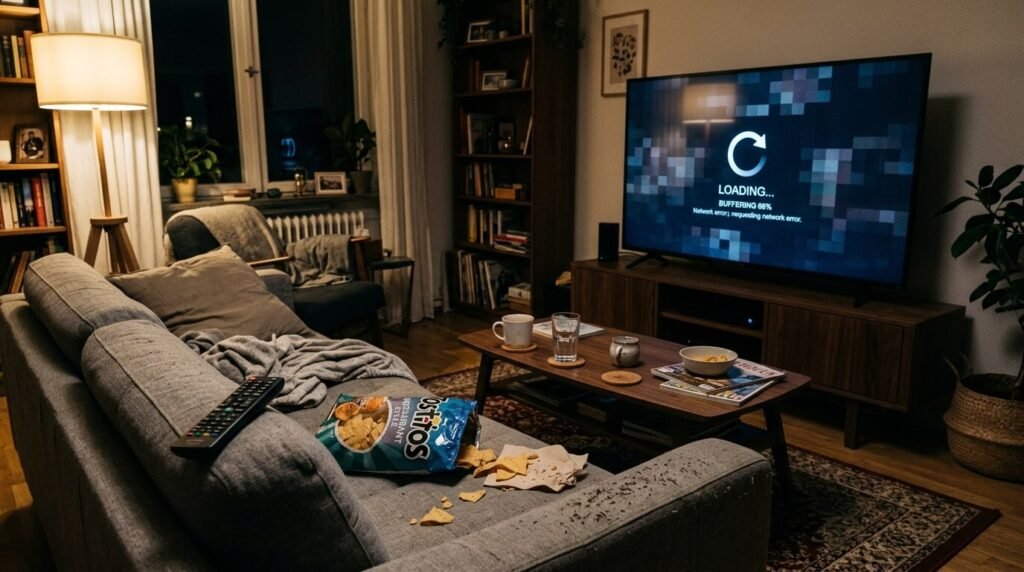 half-eaten bag of tortilla chips sitting there like evidence of my frustration. Suggested filename: buffering-nightmare-living-room-moment