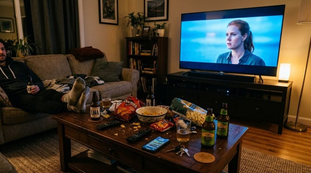 asual wide shot of the coffee table after things finally worked, snacks scattered, soundbar humming, TV looking crisp – the small win moment captured in dim evening lighting.