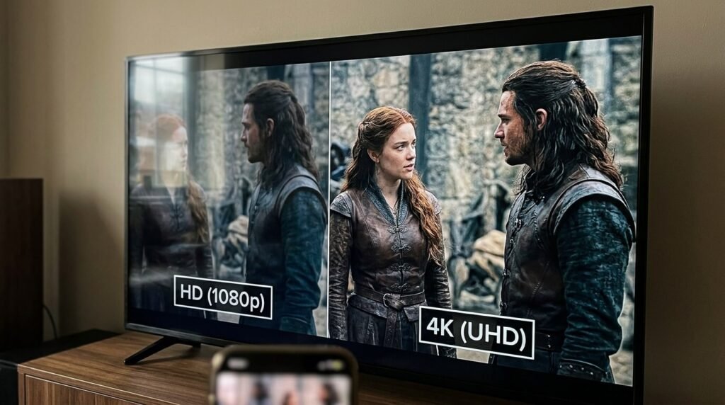 Unique close-up perspective of a TV screen showing side-by-side HD vs 4K comparison from a popular show,