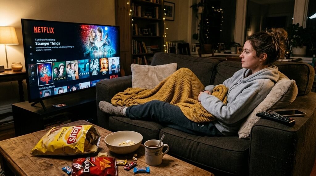 Personal photo-style scene related to the topic – realistic shot of a living room couch setup with remote on the armrest, TV glowing with Netflix home screen, some snack wrappers scattered like a half-empty chip bag nearby.