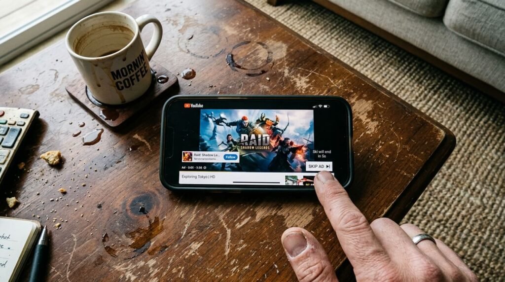 It shows a cozy Midwest apartment living room with a big flat-screen TV playing a sharp HD movie scene,