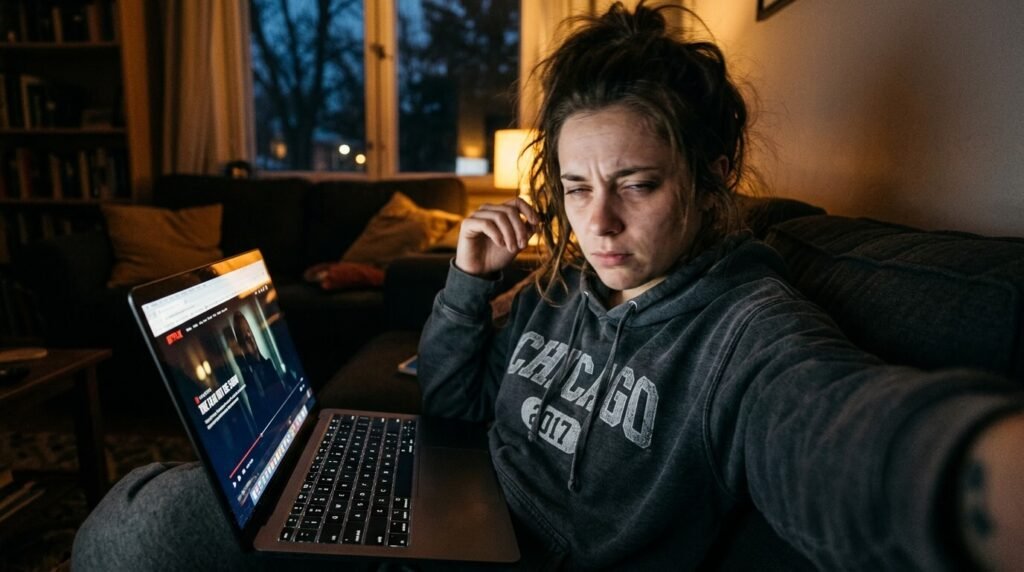 A tight close-up shot of the TV screen showing rich HD colors from a movie, with a faint reflection of my living room lamp and the remote sitting on the arm of the couch.