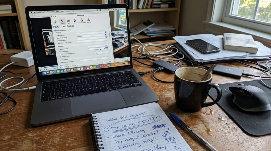 cold coffee mug, and notebook scribbles like "try cache 1000??"