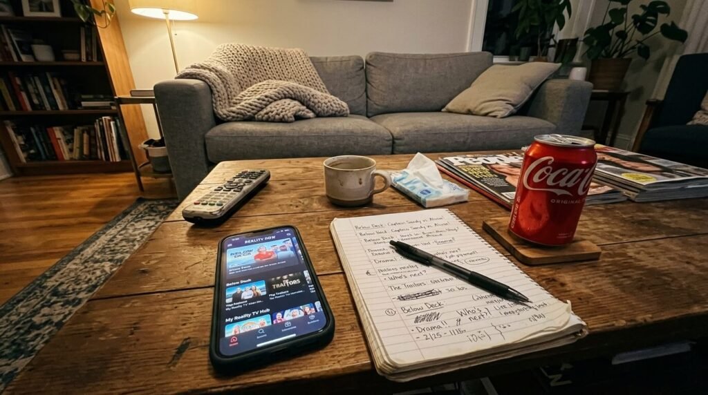 Casual shot of my coffee table with phone showing a reality channel open, some scribbled notes on paper, and a soda can sitting there