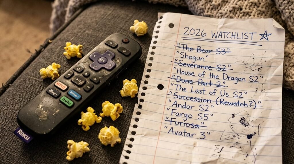 close-up of a well-used streaming remote covered in smudges, next to a crumpled notebook page with “2026 Watchlist”