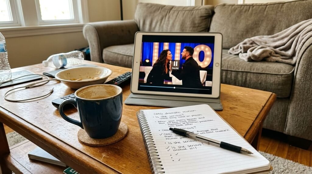 emote control tangled in popcorn kernels on a coffee table, a glowing tablet screen displaying a dramatic reality TV confession