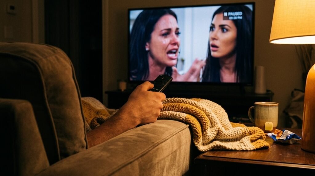 Casual close-up shot of a TV screen paused on a reality show drama moment, my hand holding the remote