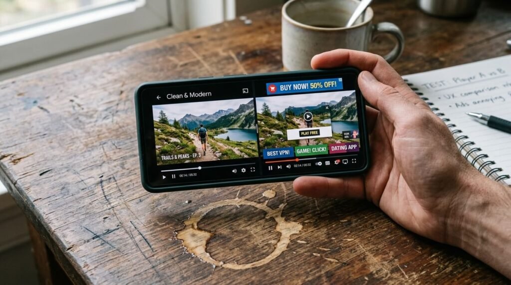 showing my laptop screen split between code editor and browser previews of different video players