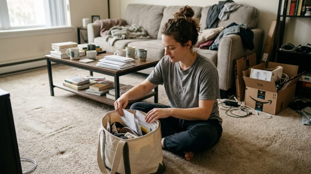 Just me dealing with the tote in my actual messy apartment space—carpet dents and all.