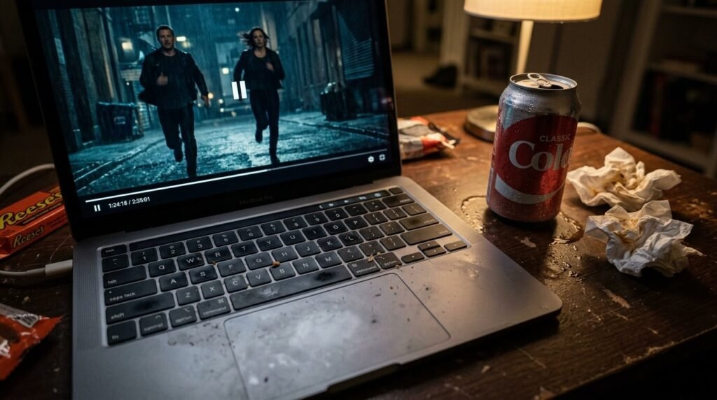 my actual laptop screen with the movie paused, fingerprints all over the trackpad, a cold can of soda sweating on the desk, and a crumpled napkin nearby from my late-night snack.