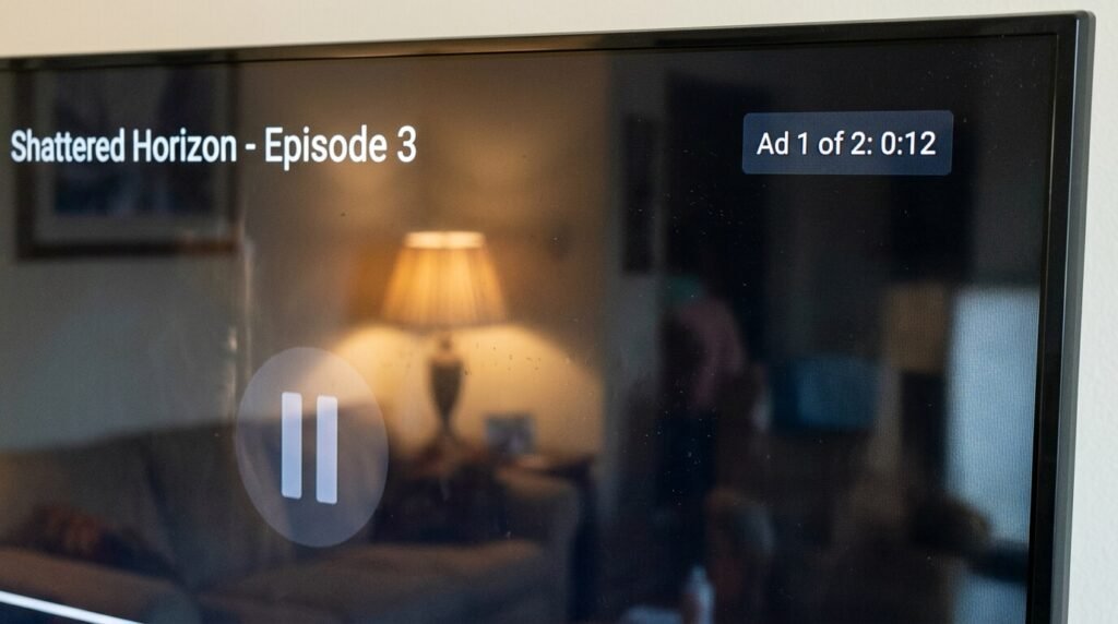 isible ad countdown timer in the corner and a reflection of a living room lamp—showing the real everyday