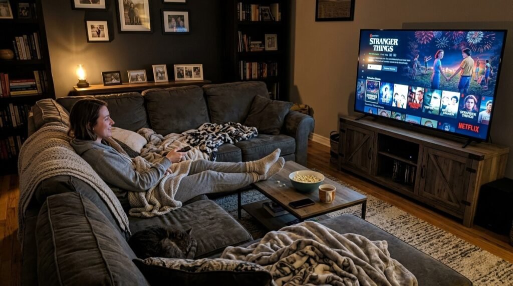 scene related to the topic – my couch and TV during an evening binge session,
