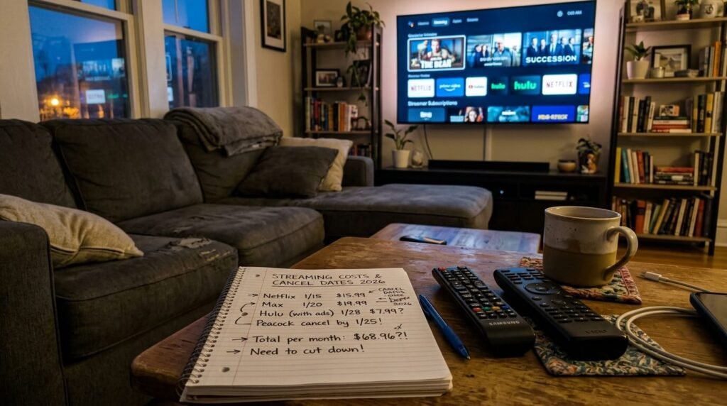 notebook full of scribbled prices and cancel dates, and the faint glow of the TV in the background.