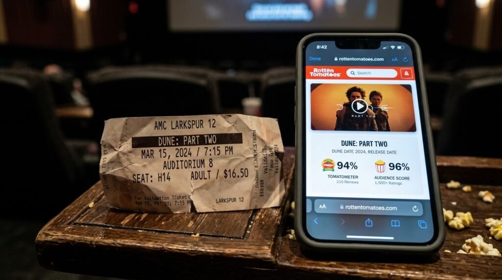 crumpled movie ticket stub next to a phone showing a Rotten Tomatoes score