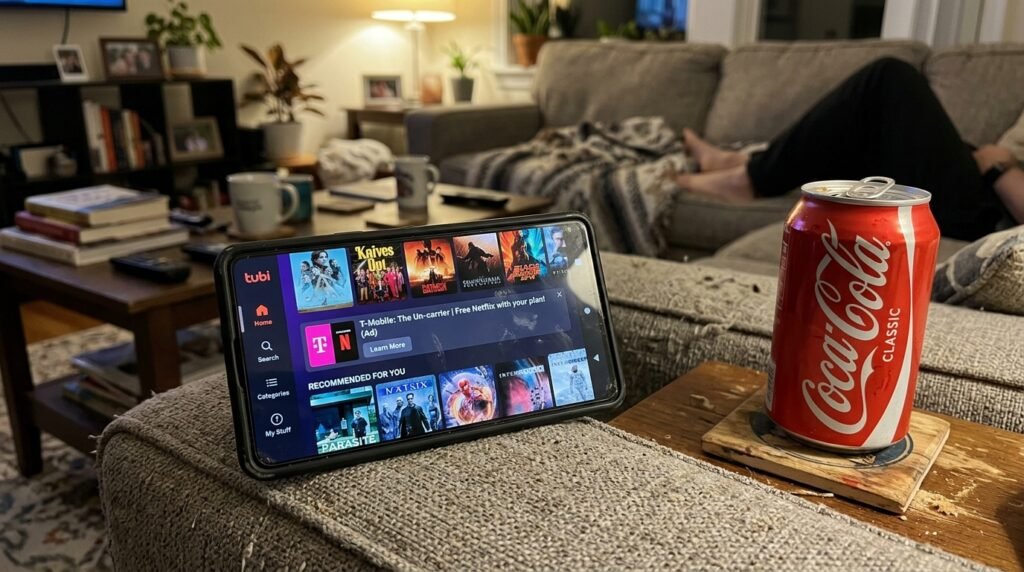Tubi homepage with a mix of familiar movie posters and a small ad banner
