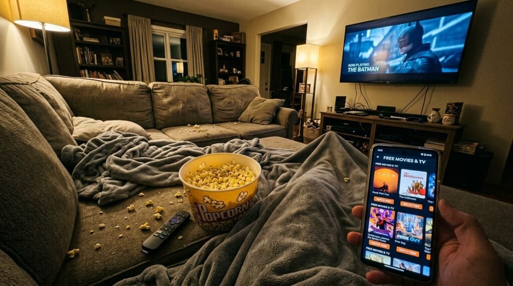 TV on in the background, remote tossed on the couch, big popcorn bowl with some kernels spilled,