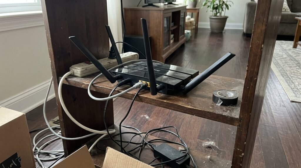 few cables and stuff on the floor below it — just how it actually looks in my living room