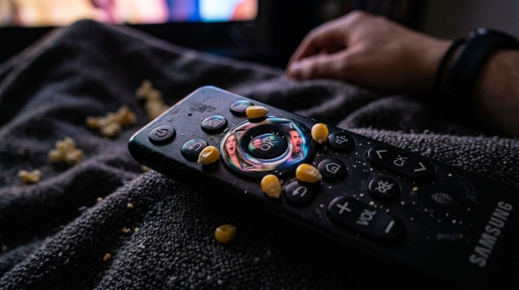 TV remote covered in a few popcorn kernels, with dramatic reflections of reality show faces glowing on the glossy buttons