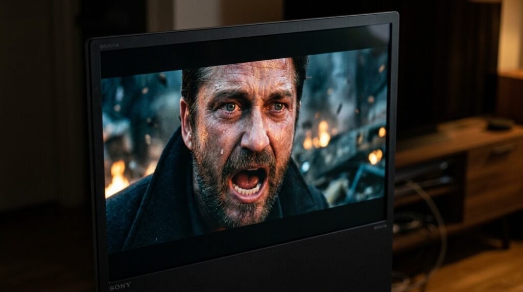 crisp HD detail on a TV screen showing a dramatic scene