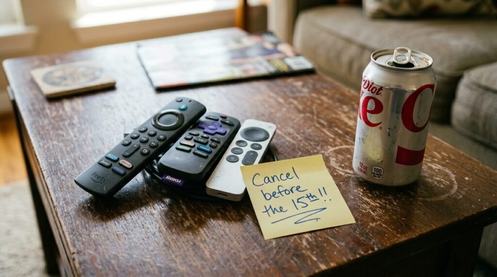 three streaming remotes tangled together, a sticky note yelling "Cancel before the 15th!!"