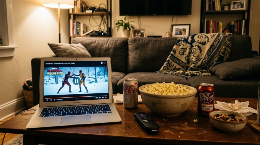 my coffee table setup on a typical movie night in my small apartment—popcorn, soda cans from the local gas station, and a laptop screen paused on a trailer.