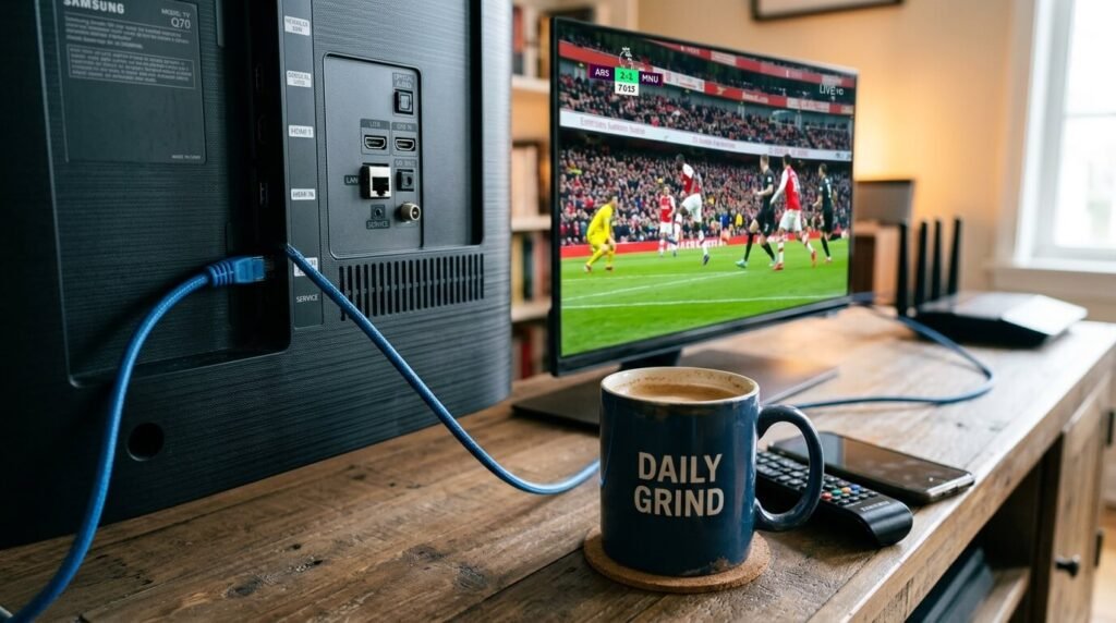 Ethernet cable plugged into the back of my TV with the show running smooth on screen and my regular coffee mug sitting right there on the table